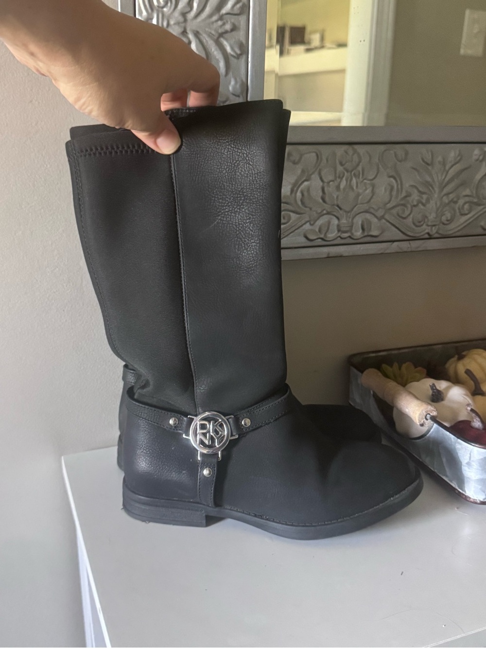 DKNY Black Girls' Mid-Calf Logo Harness Boots